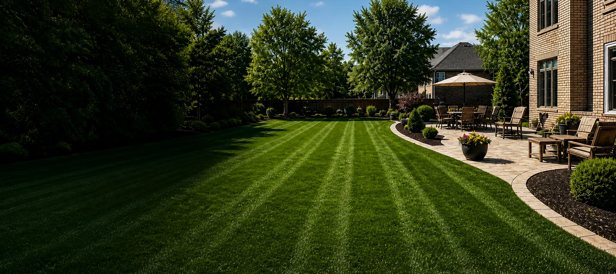 A freshly mowed, striped backyard lawn beside a stone patio and brick home