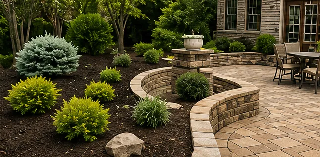 Mulched garden beds and a stone patio